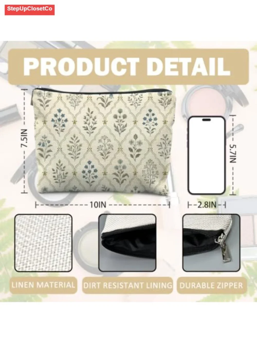 Vintage Botanical Floral Linen Makeup Bag for Women Travel Toiletry Organizer